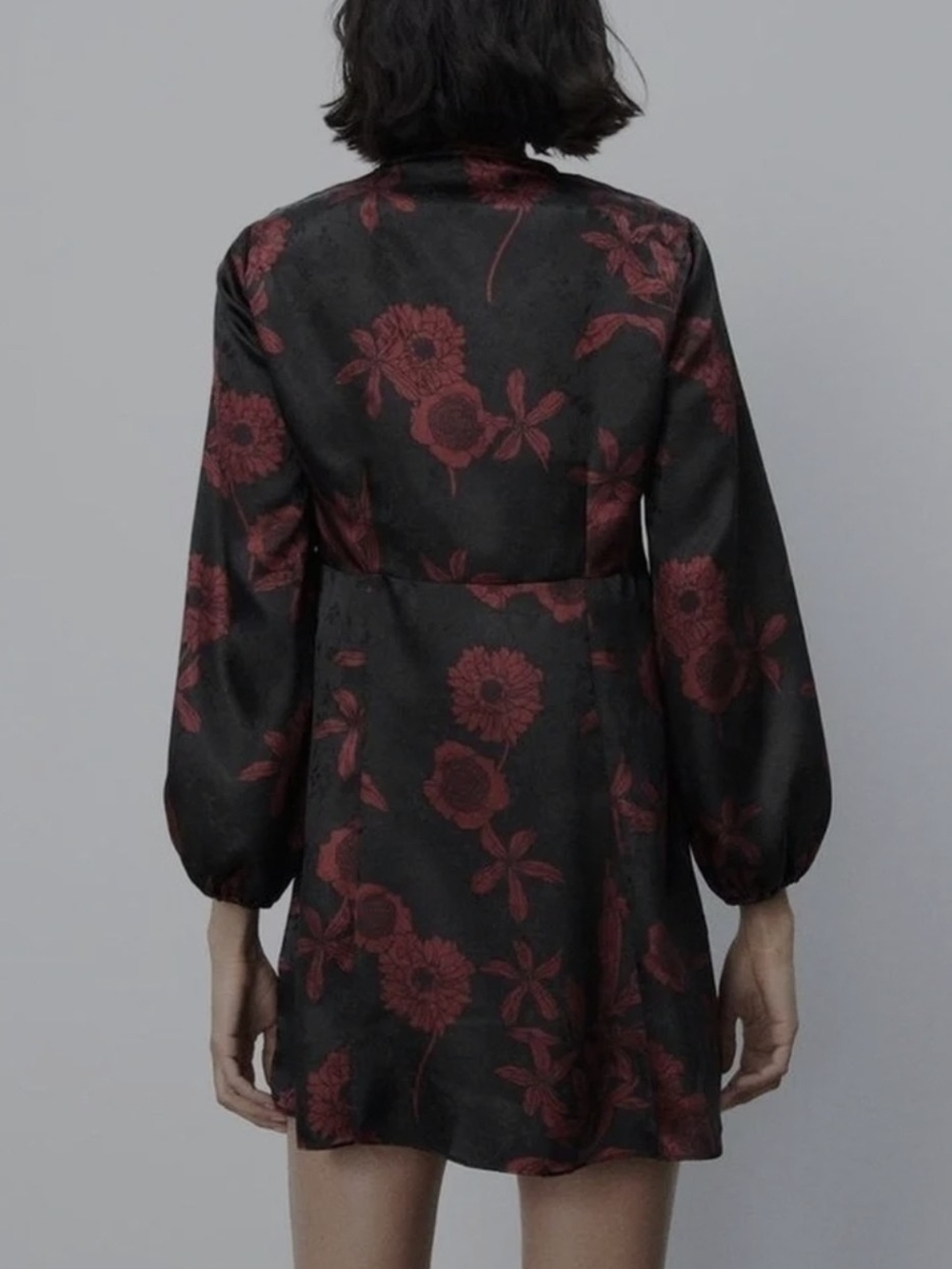 Zara Deep V Floral Satin Mini Dress - Black with Dark Red Floral Size Small - Picture 2 of 3
